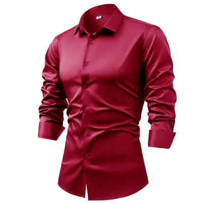 Men's Fashion Casual Silk Satin Solid Color Long-Sleeve Dress Shirt