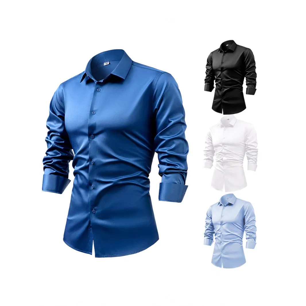 Men's Fashion Casual Silk Satin Solid Color Long-Sleeve Dress Shirt