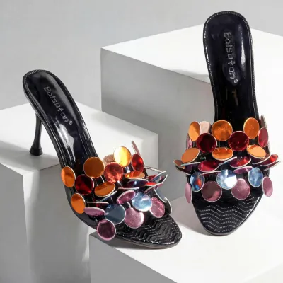 Women Fashion Casual Small Circular Decoration Round Toe Stiletto Heel Slippers