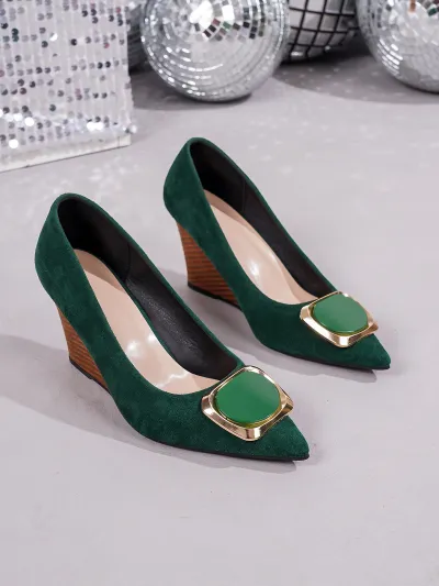 Women Fashion Solid Color Suede Pointed Toe Metal Square Buckle Shallow Mouth Wedge Pumps Shoes