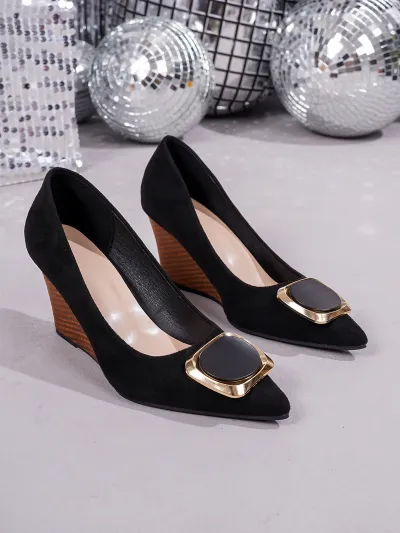 Women Fashion Solid Color Suede Pointed Toe Metal Square Buckle Shallow Mouth Wedge Pumps Shoes