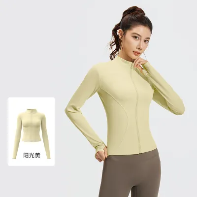 Women Fashion Casual Solid Color Long-Sleeve Zipper Sports Yoga Coat
