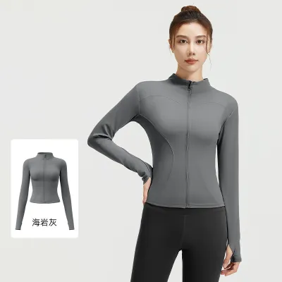 Women Fashion Casual Solid Color Long-Sleeve Zipper Sports Yoga Coat