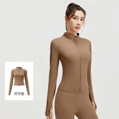 Women Fashion Casual Solid Color Long-Sleeve Zipper Sports Yoga Coat