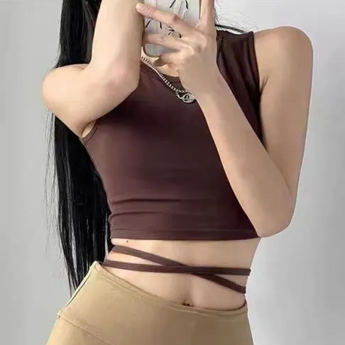 Women Fashion Sexy Solid Color Round Neck Sleeveless Tight Lace-Up Crop Top