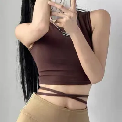 Women Fashion Sexy Solid Color Round Neck Sleeveless Tight Lace-Up Crop Top