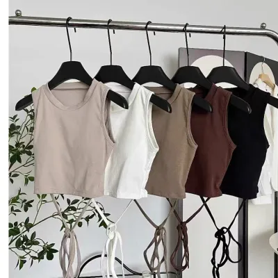 Women Fashion Sexy Solid Color Round Neck Sleeveless Tight Lace-Up Crop Top