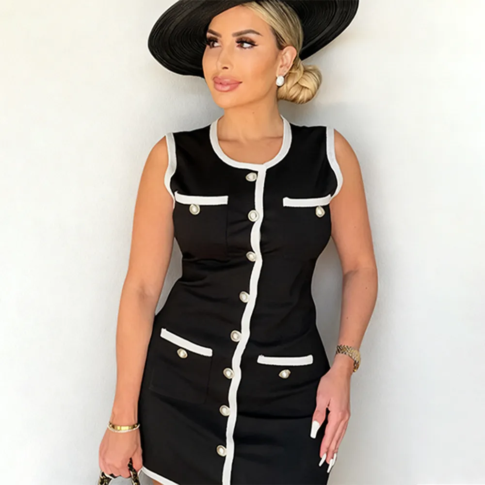 Women Fashion Elegant Contrast Color Pearl Button Sleeveless Slim Fit Dress