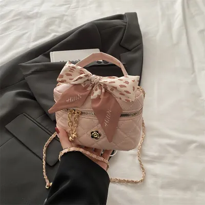 Women Fashion Casual Solid Color Silk Scarf Diamond Chain Mini Small Square Crossbody Bag