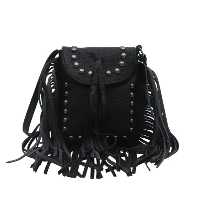 Women Fashion Casual Retro Solid Color Tassel Rivet Crossbody Bag