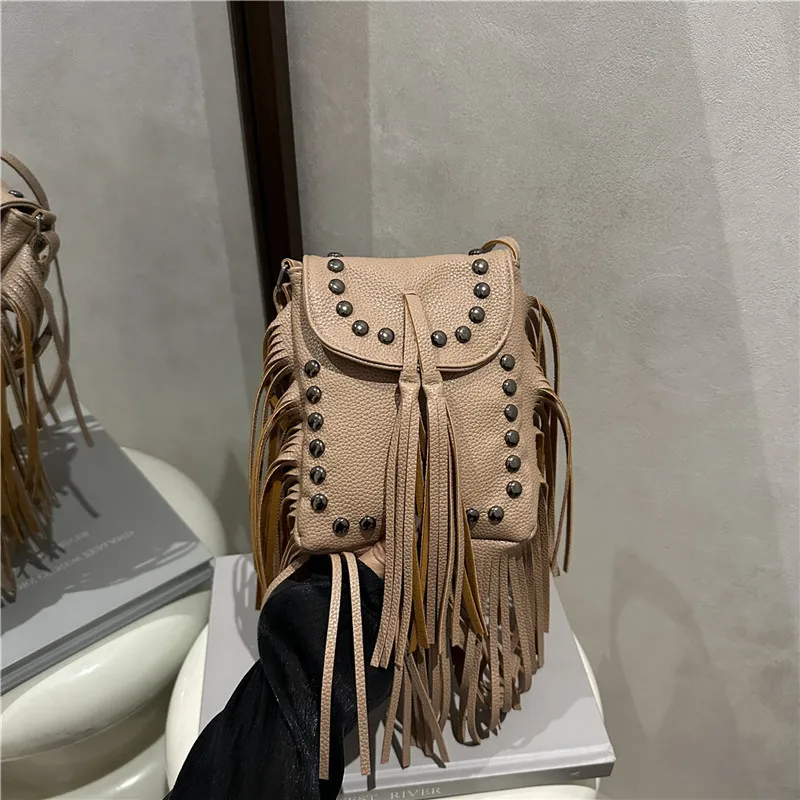 Women Fashion Casual Retro Solid Color Tassel Rivet Crossbody Bag