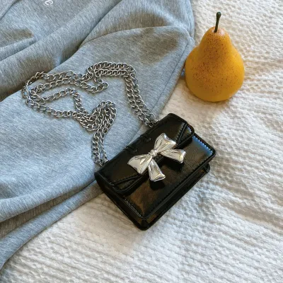 Women Fashion Casual Solid Color Bowknot Chain Mini Crossbody Bag