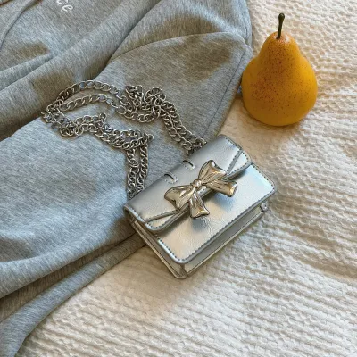 Women Fashion Casual Solid Color Bowknot Chain Mini Crossbody Bag