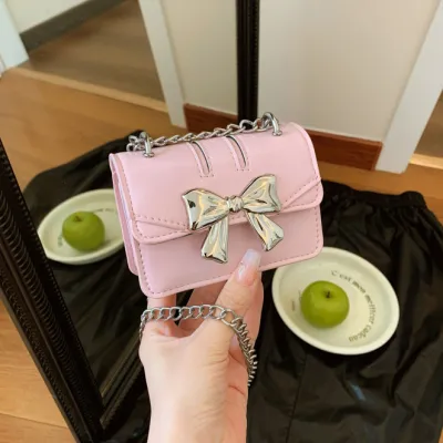 Women Fashion Casual Solid Color Bowknot Chain Mini Crossbody Bag
