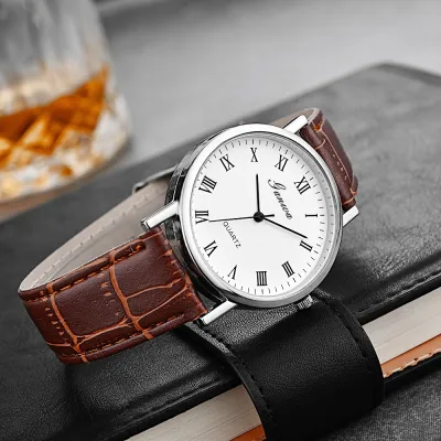 Men's Casual Simple Quartz Watch with PU Strap, 40mm Dial, Mineral Glass