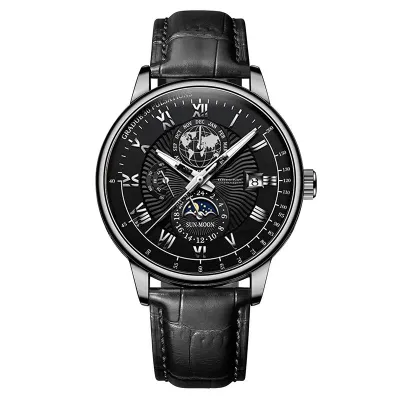 Men's Fashion Casual Three Eyes Calendar Star Moon Business Faux Leather Pin Buckle Watch