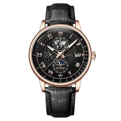 Men's Fashion Casual Three Eyes Calendar Star Moon Business Faux Leather Pin Buckle Watch