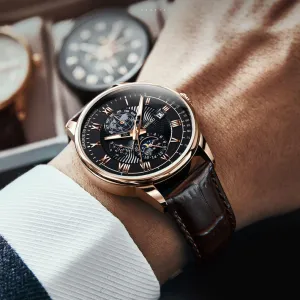 Men's Fashion Casual Three Eyes Calendar Star Moon Business Faux Leather Pin Buckle Watch