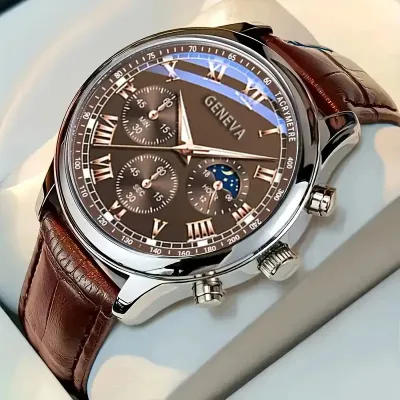Men's Fashion Business Automatic Quartz Watch PU Strap