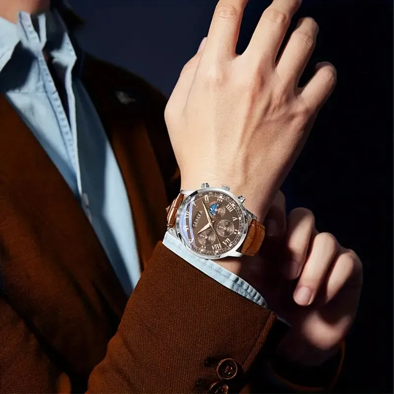 Men's Fashion Business Automatic Quartz Watch PU Strap