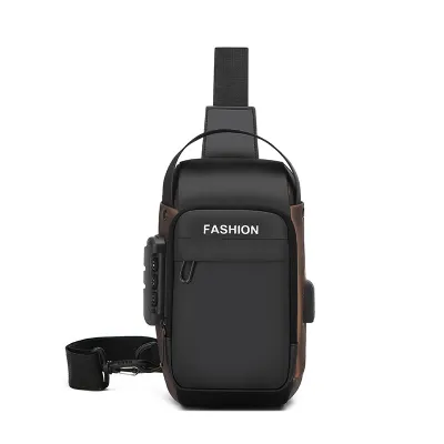 Men Fashion Casual Waterproof Shoulder Chest Bag with Letter Pattern 8 Inch Laptop PU