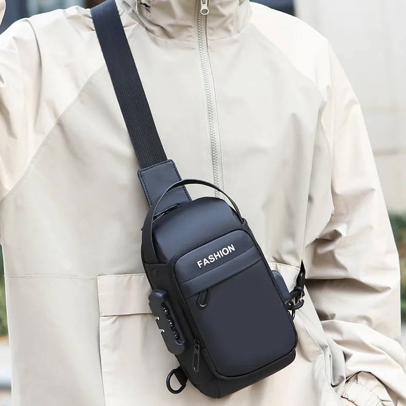 Men Fashion Casual Waterproof Shoulder Chest Bag with Letter Pattern 8 Inch Laptop PU