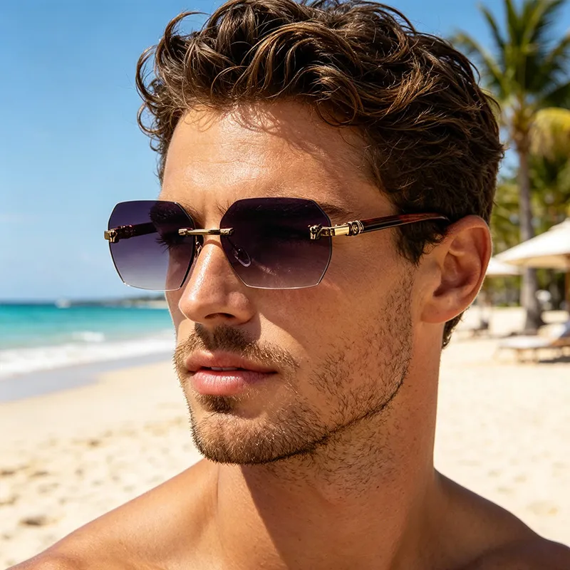 Men Fashion Casual Rimless Oval Metal Sunglasses