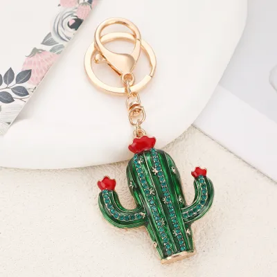 Fashion Metal Rhinestone Cactus Bag Keychains