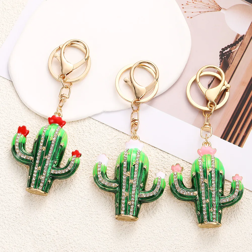 Fashion Metal Rhinestone Cactus Bag Keychains