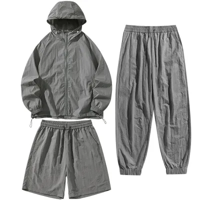 Men's Casual Summer Thin Breathable Solid Color Long-Sleeve Hoodie and Shorts Three-Piece Set
