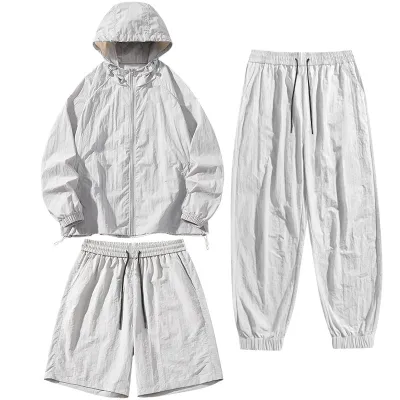 Men's Casual Summer Thin Breathable Solid Color Long-Sleeve Hoodie and Shorts Three-Piece Set