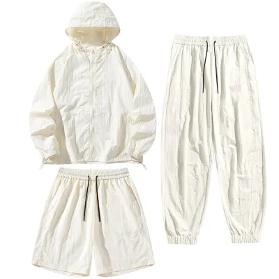 Men's Casual Summer Thin Breathable Solid Color Long-Sleeve Hoodie and Shorts Three-Piece Set