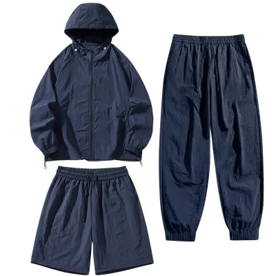 Men's Casual Summer Thin Breathable Solid Color Long-Sleeve Hoodie and Shorts Three-Piece Set