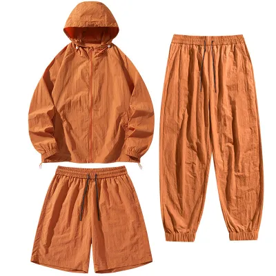 Men's Casual Summer Thin Breathable Solid Color Long-Sleeve Hoodie and Shorts Three-Piece Set