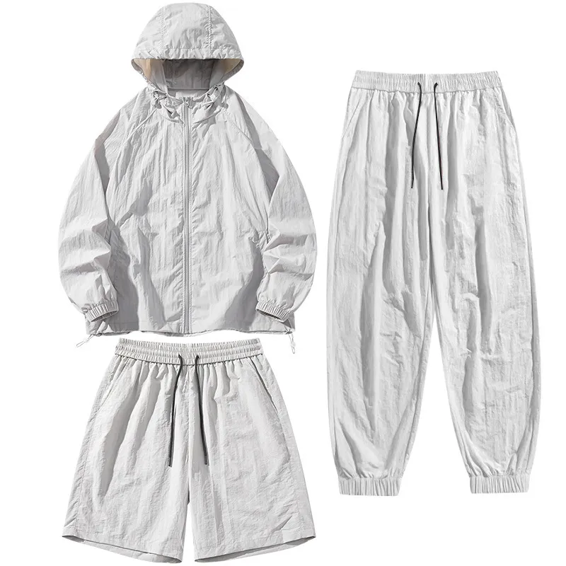 Men's Casual Summer Thin Breathable Solid Color Long-Sleeve Hoodie and Shorts Three-Piece Set