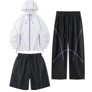Men Fashion Casual Summer Breathable Solid Color Long-Sleeve Hoodie Loose Shorts Pants Three-Piece Set