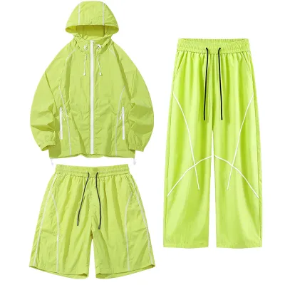 Men Fashion Casual Summer Breathable Solid Color Long-Sleeve Hoodie Loose Shorts Pants Three-Piece Set