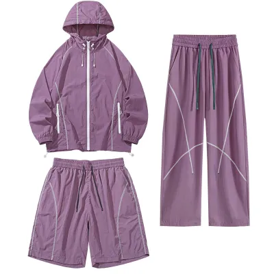 Men Fashion Casual Summer Breathable Solid Color Long-Sleeve Hoodie Loose Shorts Pants Three-Piece Set