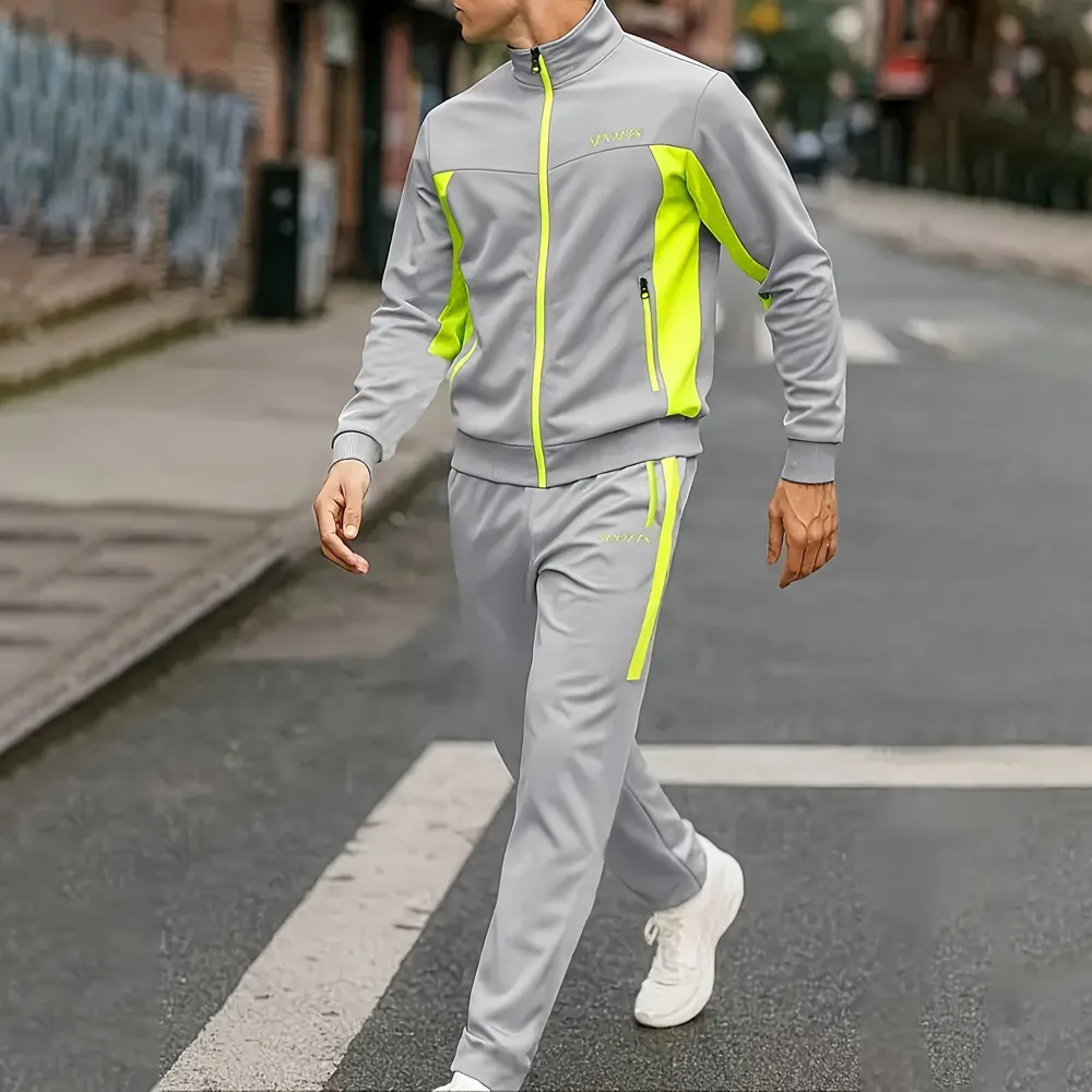 Men's Casual Autumn Color Block Long-Sleeve Coat Pants Two-Piece Set