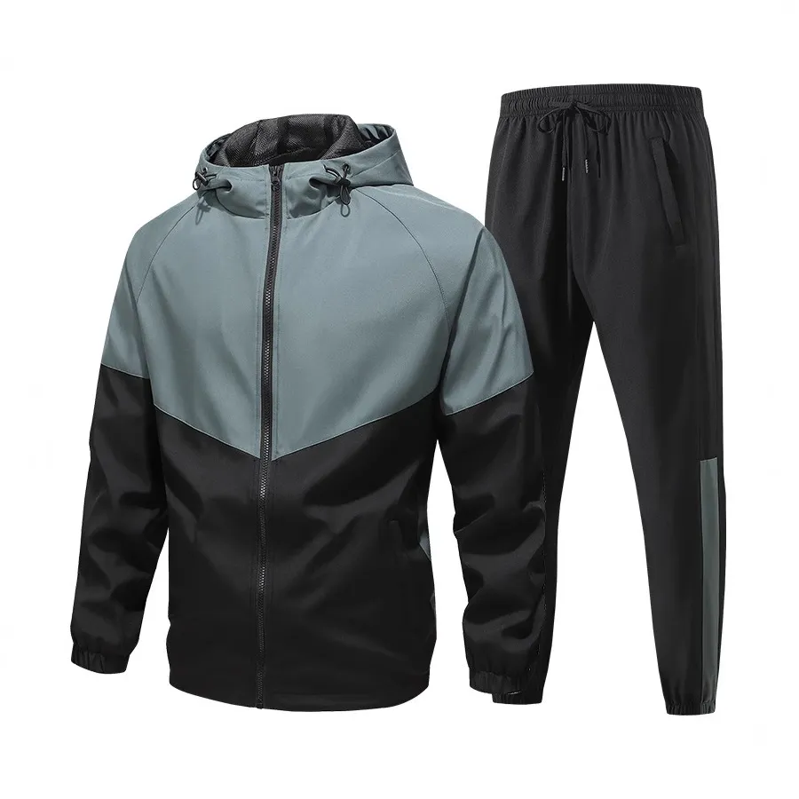 Men's Casual Color Block Long-Sleeve Coat and Slim-Fit Pants Set
