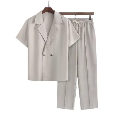 Men Fashion Casual Spring Autumn Solid Color Lapel Short-Sleeve Jacket Drawstring Pocket Pants Two-Piece Set