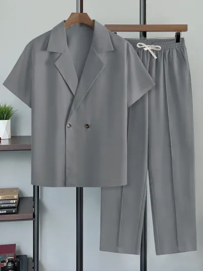 Men Fashion Casual Spring Autumn Solid Color Lapel Short-Sleeve Jacket Drawstring Pocket Pants Two-Piece Set