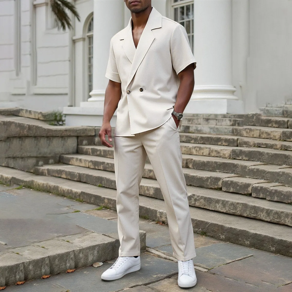 Men Fashion Casual Spring Autumn Solid Color Lapel Short-Sleeve Jacket Drawstring Pocket Pants Two-Piece Set