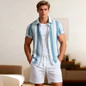 Men's Casual Summer Stripe Lapel Short-Sleeve Shirt and Drawstring Shorts Set