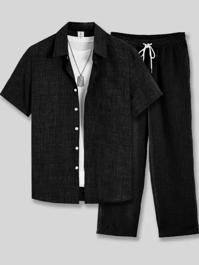 Men's Casual Notch Lapel Short-Sleeve Shirt and Pants Two-Piece Set with Double-Breasted Detail