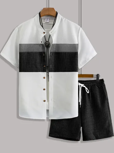 Men's Fashion Casual Summer Stand Collar Short Sleeve Button Shirt Loose Shorts Set Contrast Stitching