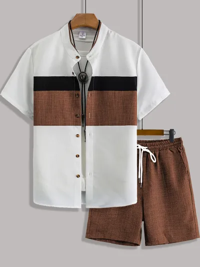 Men's Fashion Casual Summer Stand Collar Short Sleeve Button Shirt Loose Shorts Set Contrast Stitching