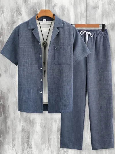 Men's Fashion Casual Solid Color Lapel Short Sleeve Shirt Pants Two-Piece Set with Embroidery