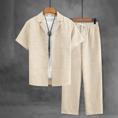 Men's Fashion Casual Solid Color Lapel Short Sleeve Shirt Pants Two-Piece Set with Embroidery