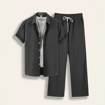 Men's Fashion Casual Spring Summer Solid Color Lapel Short Sleeve Shirt Pants Two-Piece Set